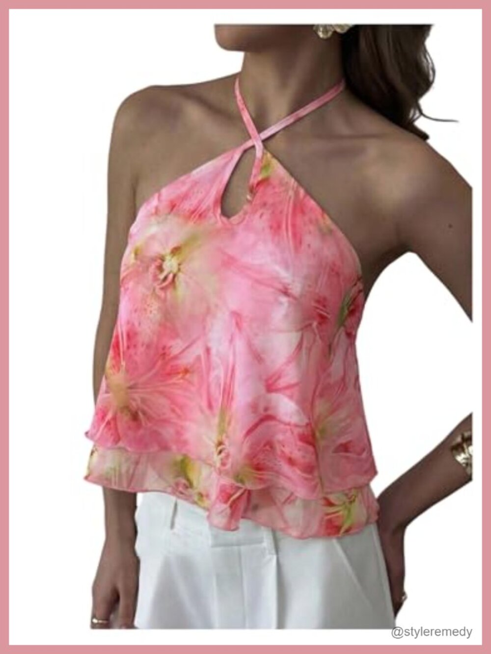 Chiffon Floral Halter Tank Top Criss Cross Backless Beachy Summer Top